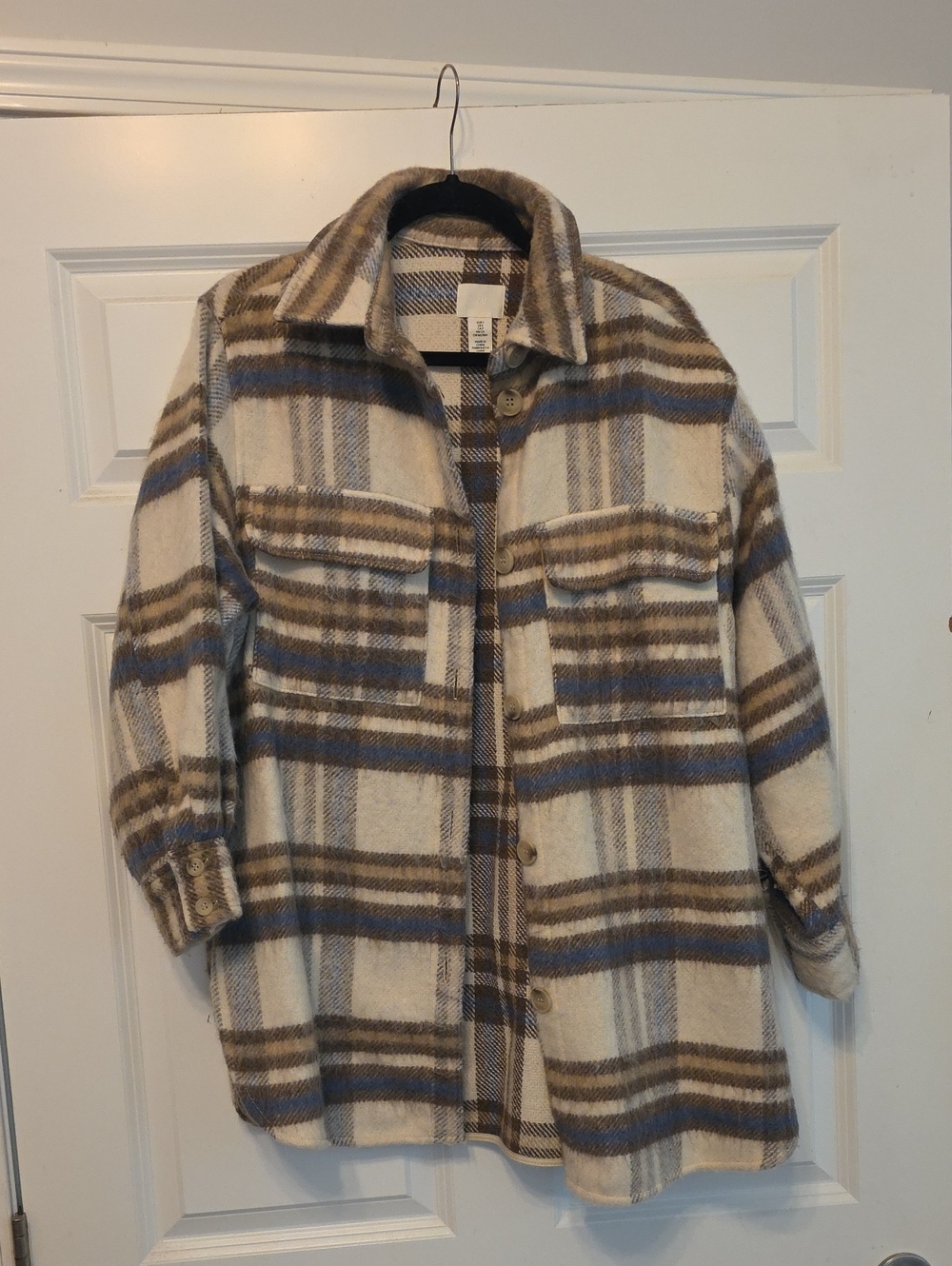 H&M Cream, Brown & Blue Plaid Utility Shacket